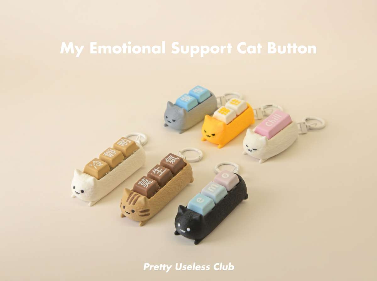 Six miniature cat-shaped clicker keychains in different colours, each with pastel message buttons and a metal keyring