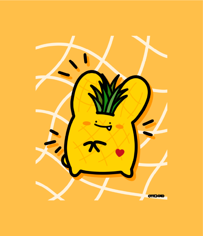 Yellow pineapple Rabitt Planet character illustration on an orange grid background