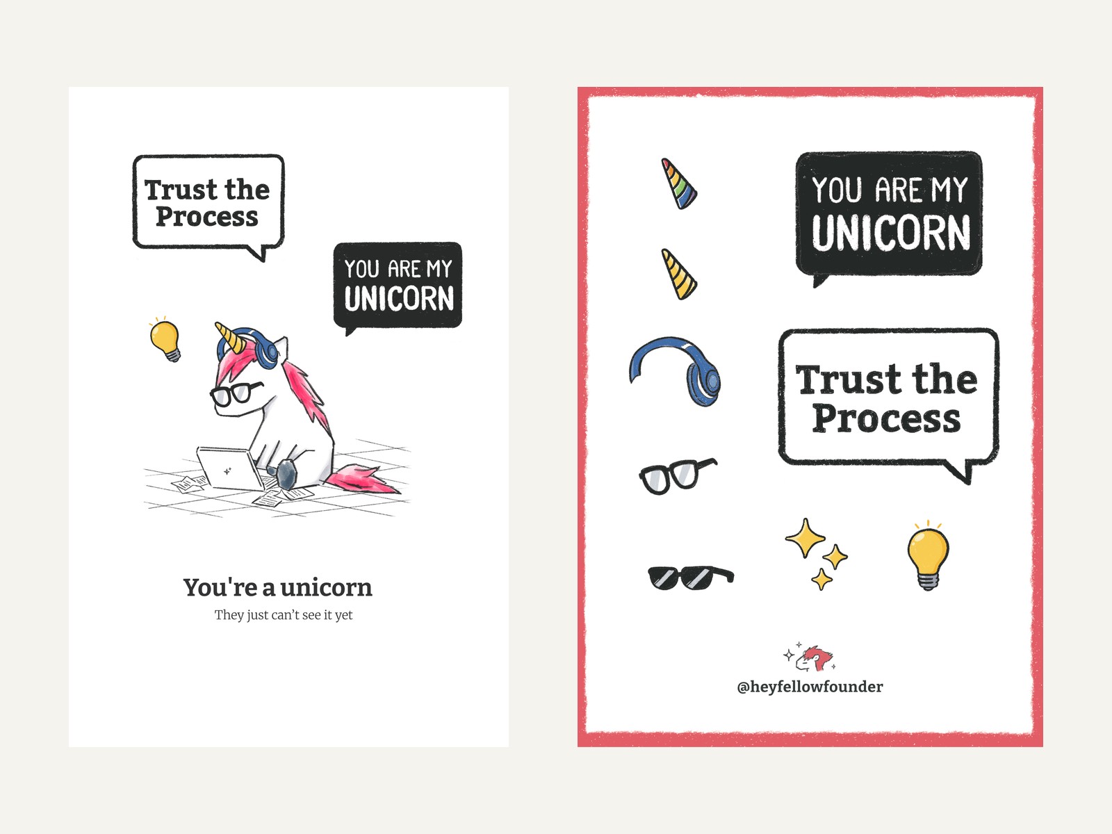 The Founders’ Mail Club postcard and sticker sheet from Design Festa 2026, side by side