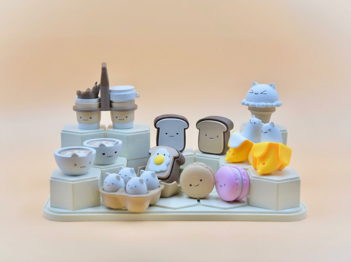 Breakfast MEOW collection of cat-faced clicker toys inspired by toast, eggs, bananas, coffee and sweet breakfast treats displayed on tiered stands