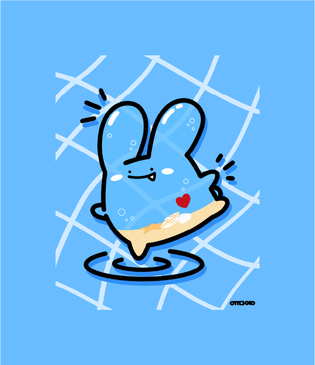 Blue Rabitt Planet character illustration with shells on a blue grid background